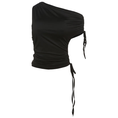 Personality Street Simple Graceful Solid Color Diagonal Collar Top For Women