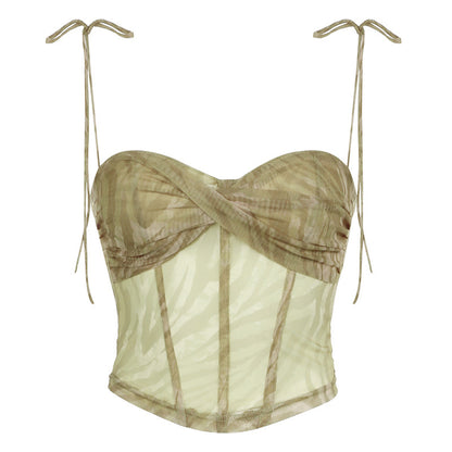Sexy Style Corrugated Printed Double Layer Mesh Camisole Low Collar Irregular Cinched Tube Top Vest Top