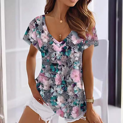 Women's T-shirt Floral Pink Blue Purple Printed Short Sleeve Holiday Weekend Tunic V-neck Regular Style