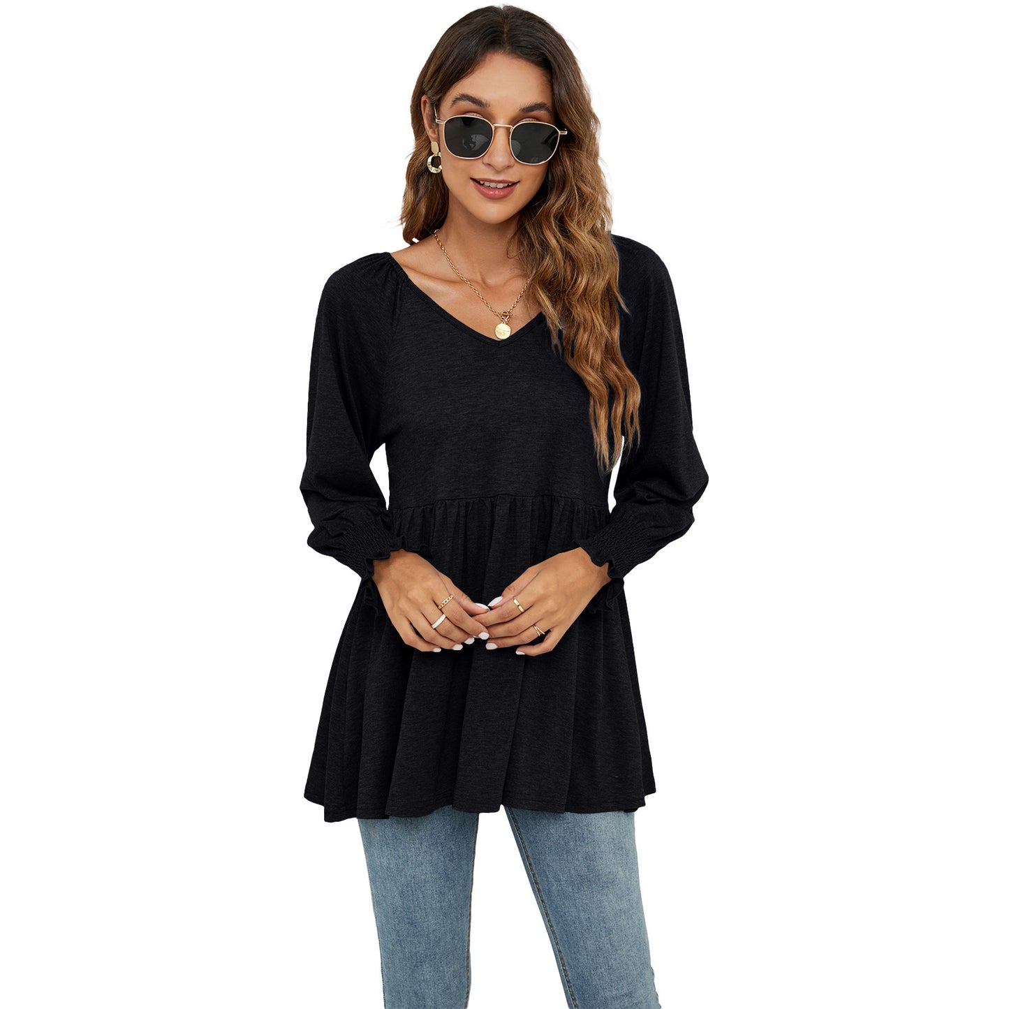 Women's New V-neck Puff Long-sleeved Tunic T-shirt