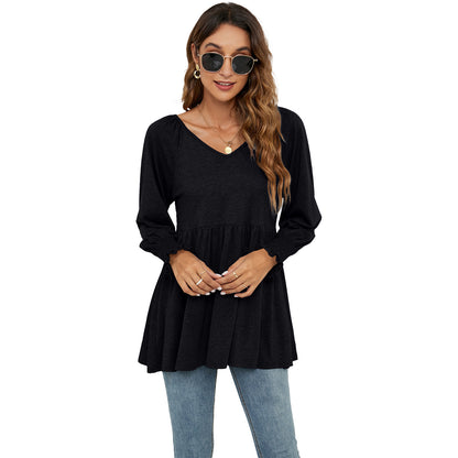 Women's New V-neck Puff Long-sleeved Tunic T-shirt
