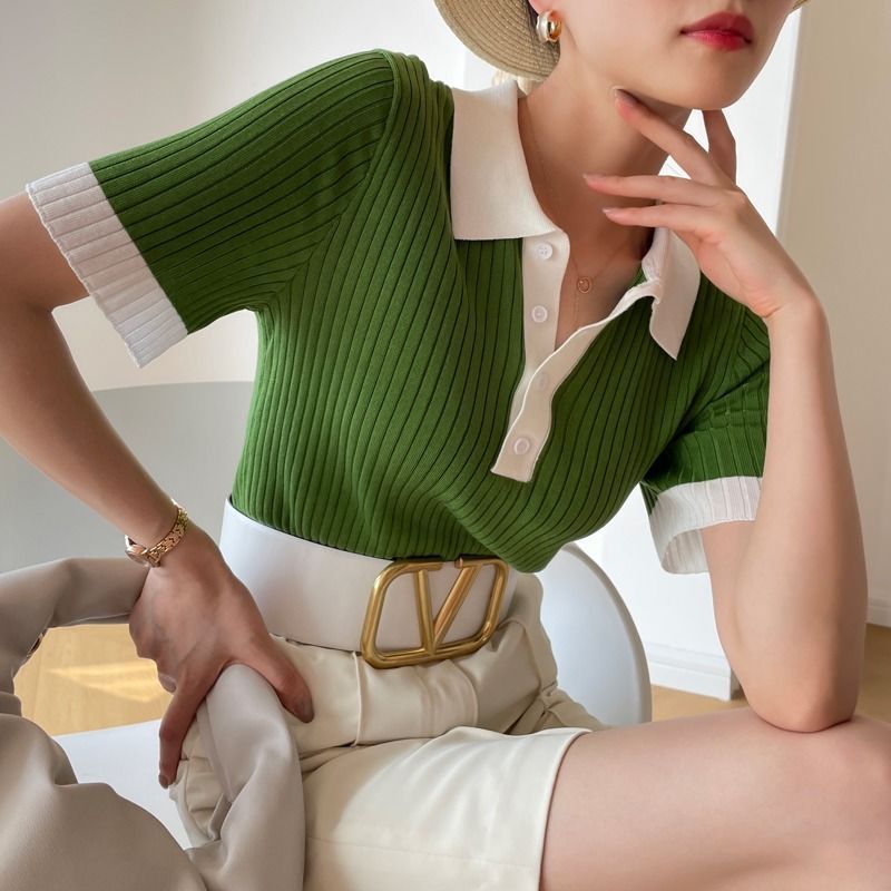 Rebecca – Contrast Kleur Polo Kraag IJs Zijde Gebreide Korte Mouw T-shirt