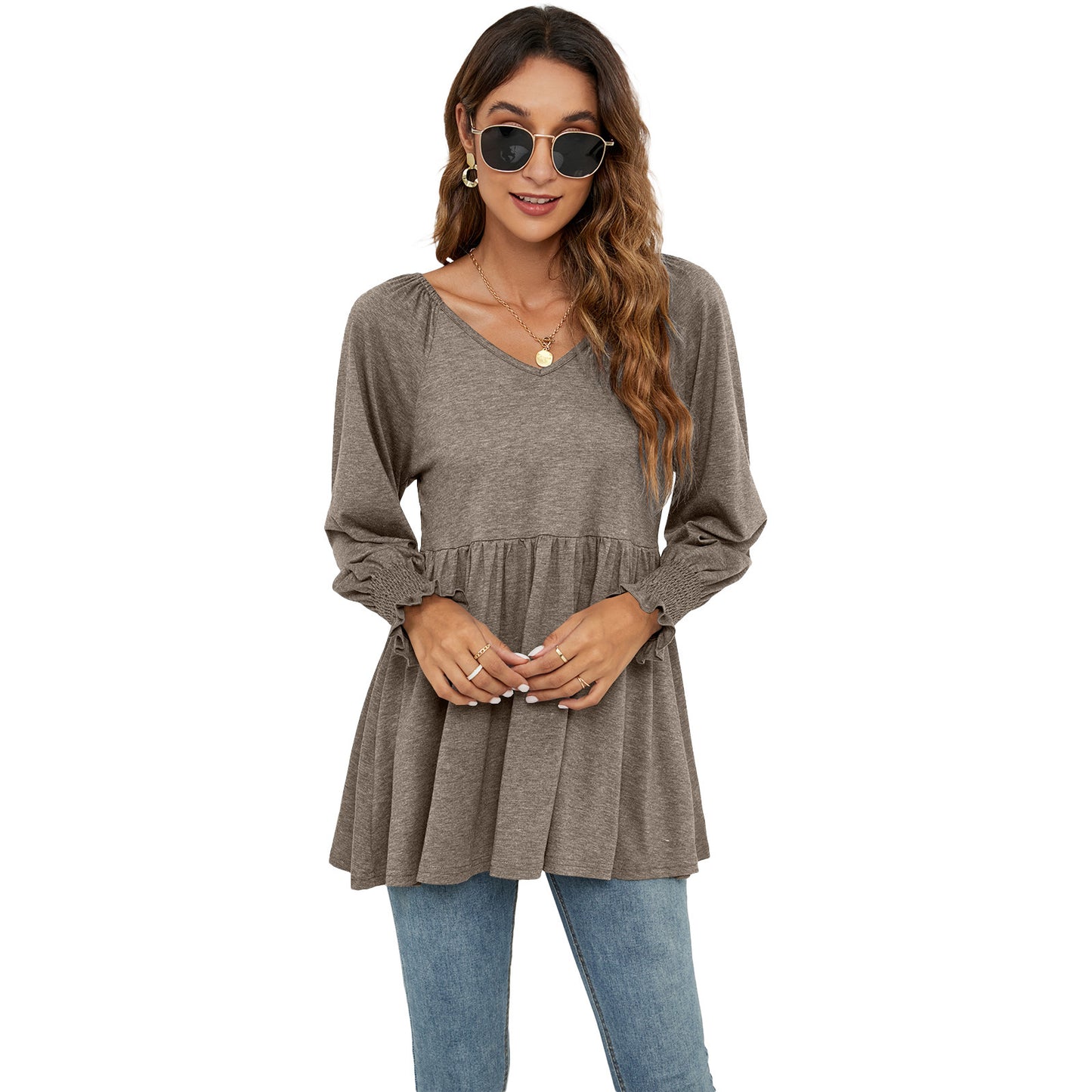 Women's New V-neck Puff Long-sleeved Tunic T-shirt