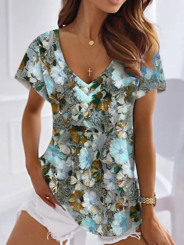 Women's T-shirt Floral Pink Blue Purple Printed Short Sleeve Holiday Weekend Tunic V-neck Regular Style