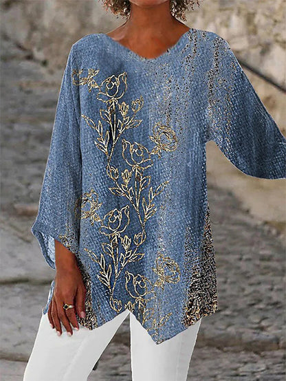 T-shirt Casual Loose And Irregular Printed Long Sleeve V-neck Top