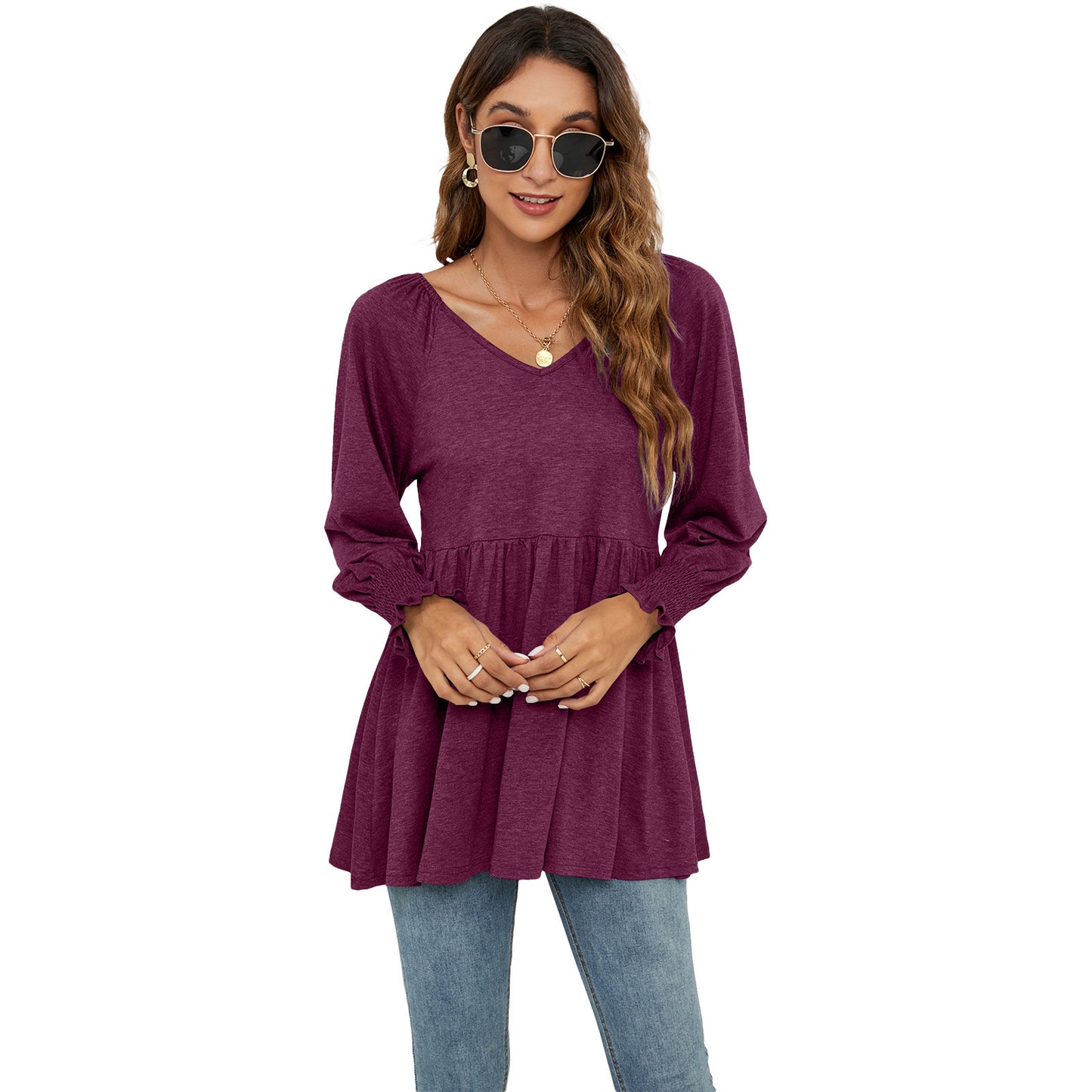 Women's New V-neck Puff Long-sleeved Tunic T-shirt