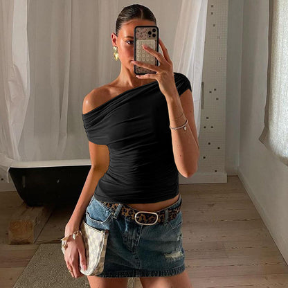 Personality Street Simple Graceful Solid Color Diagonal Collar Top For Women