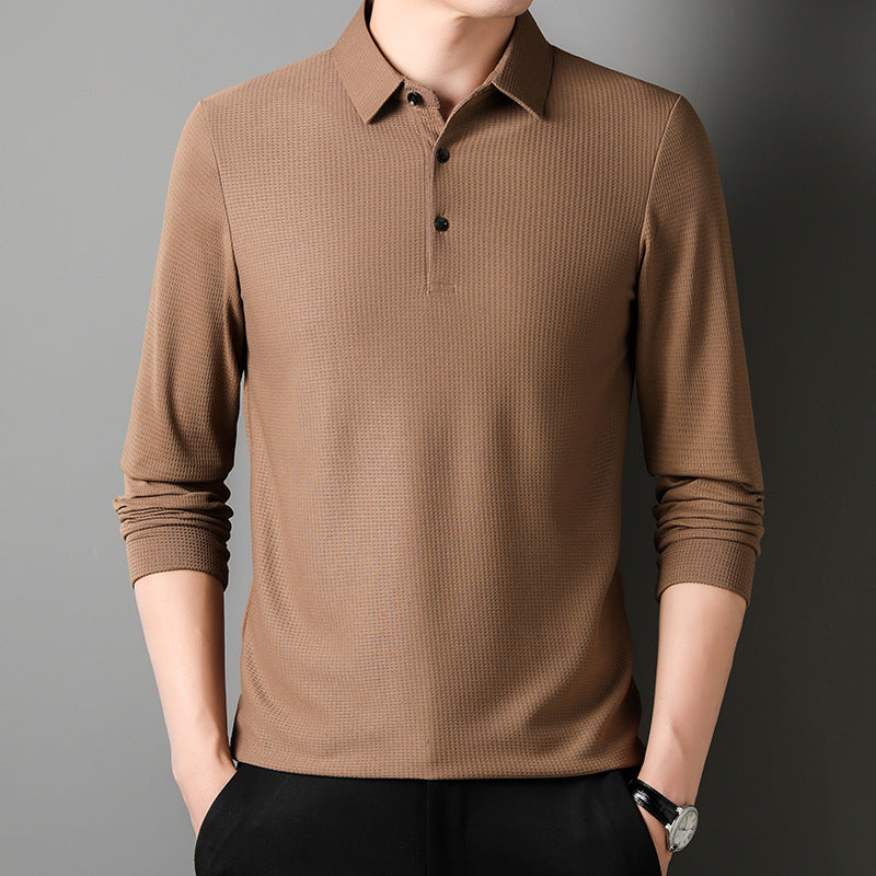 Roy – Effen Kleur Waffle Polo Shirt met Lange Mouwen
