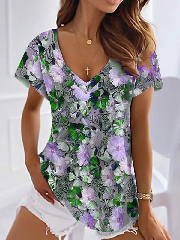 Women's T-shirt Floral Pink Blue Purple Printed Short Sleeve Holiday Weekend Tunic V-neck Regular Style