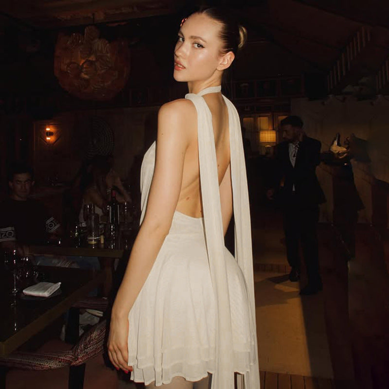 Women's Deep V Swing Collar Halter Ribbon Dress