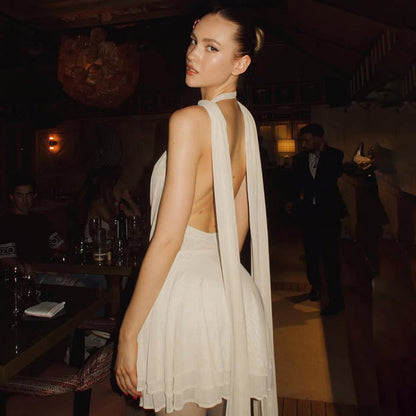 Women's Deep V Swing Collar Halter Ribbon Dress