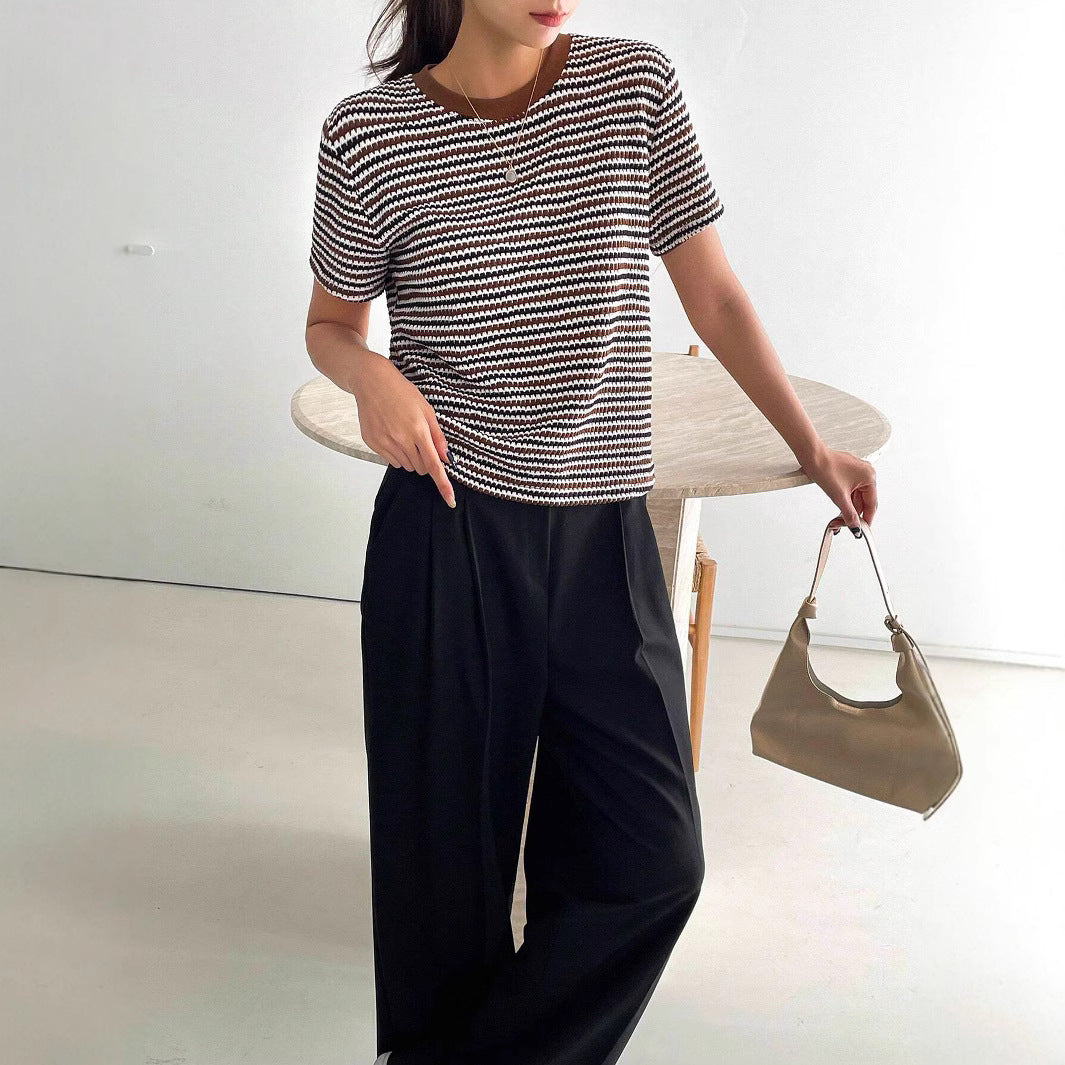 Kathryn – Kleurcontrasterend Ronde Hals T-shirt met Houndstooth Patroon