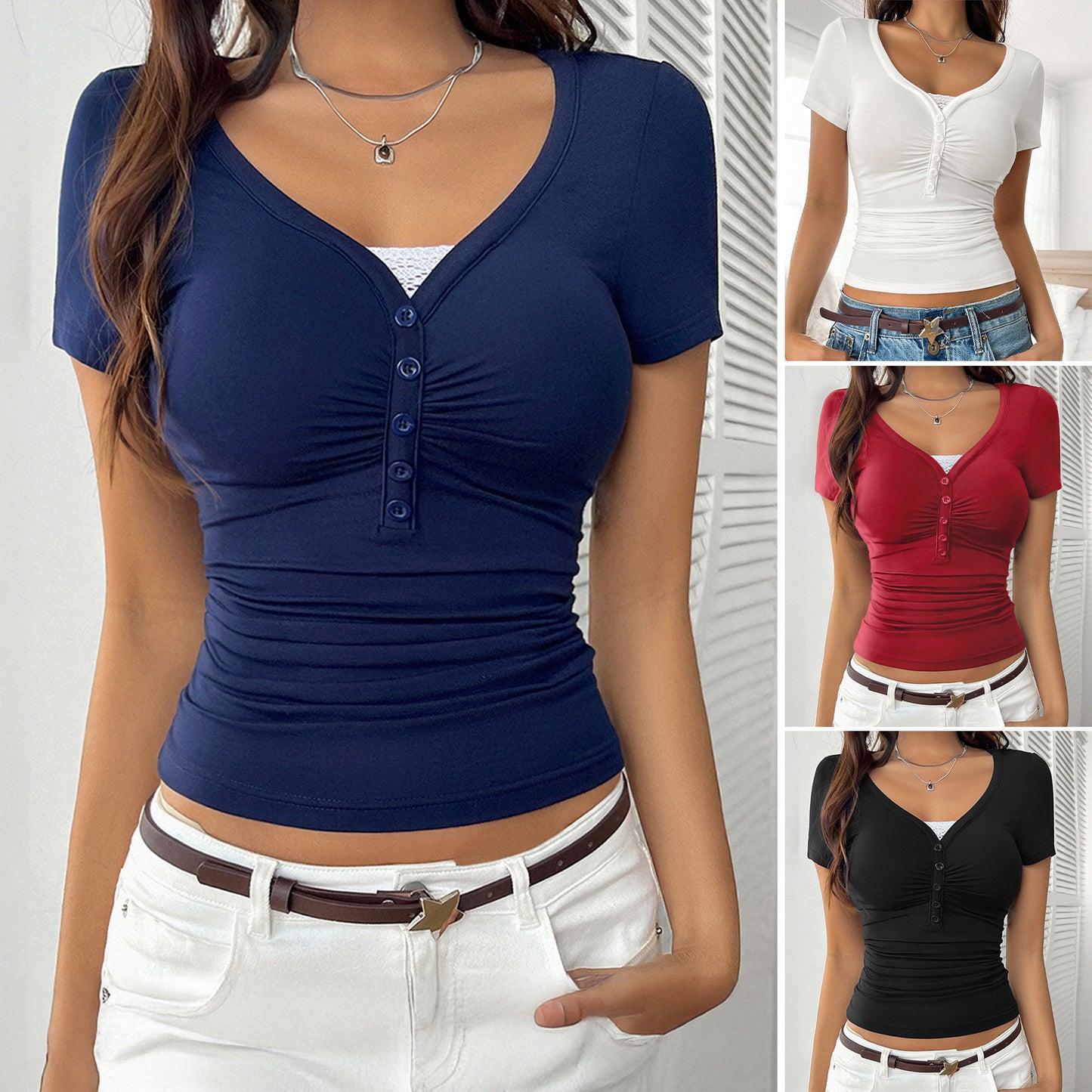 Solid Color Slim Lace Stitching V-neck Short Sleeve Top