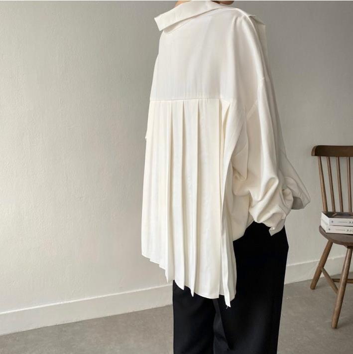 Women's Loose Back Pleated Lapel Long Sleeve Shirt