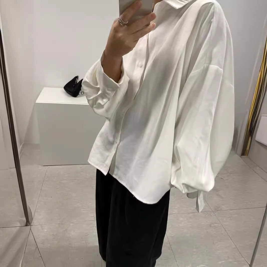 Women's Loose Back Pleated Lapel Long Sleeve Shirt