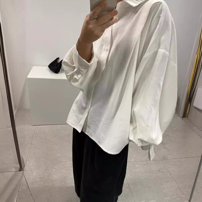 Women's Loose Back Pleated Lapel Long Sleeve Shirt