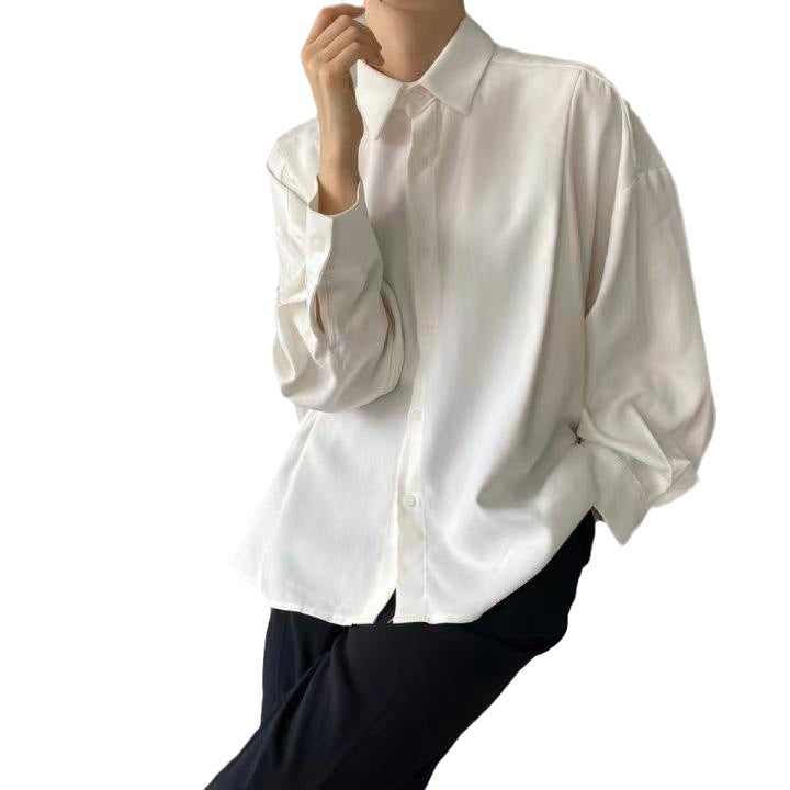 Women's Loose Back Pleated Lapel Long Sleeve Shirt