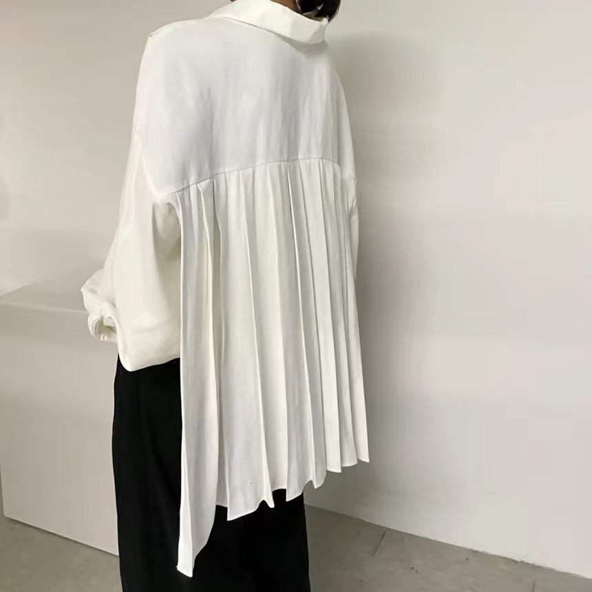 Women's Loose Back Pleated Lapel Long Sleeve Shirt
