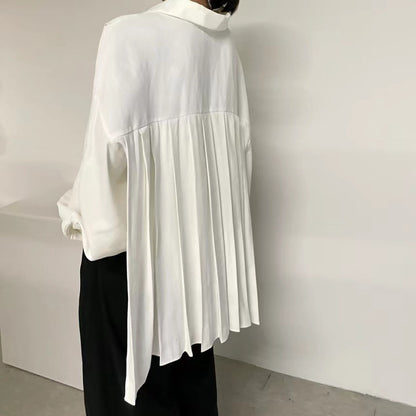 Women's Loose Back Pleated Lapel Long Sleeve Shirt