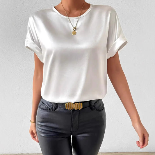 Christina – Elegante Effen Kleur Ronde Hals Korte Mouwen Top T-shirt