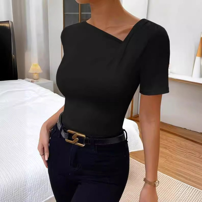 Short Sleeve Round Neck Pleated Women's Fashion Top