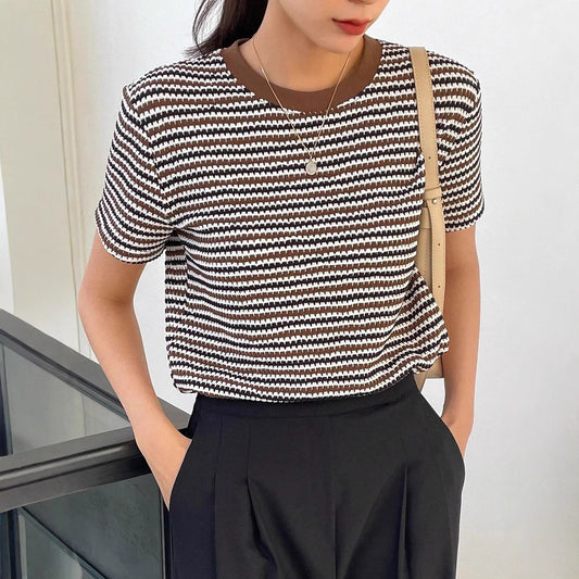 Kathryn – Kleurcontrasterend Ronde Hals T-shirt met Houndstooth Patroon