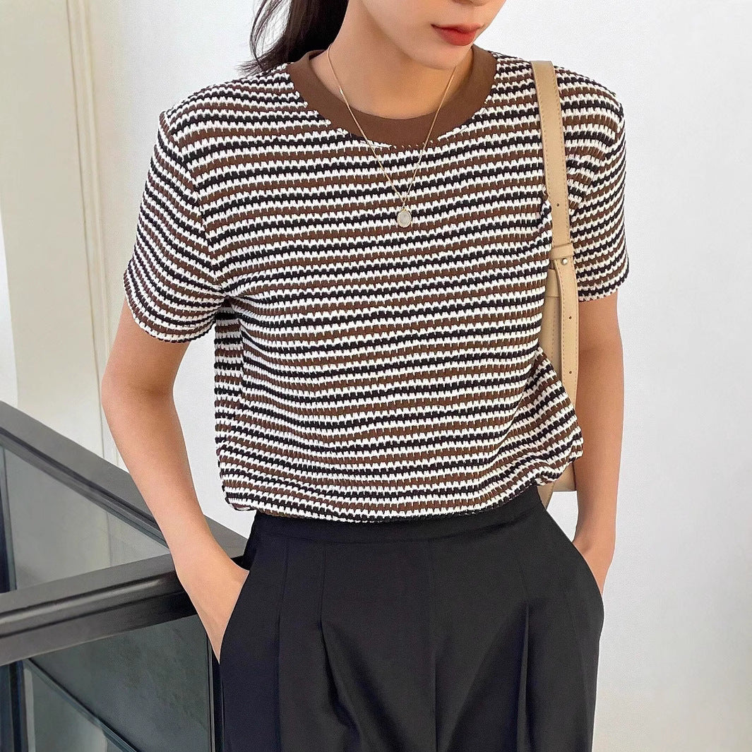 Kathryn – Kleurcontrasterend Ronde Hals T-shirt met Houndstooth Patroon