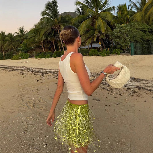 New Fashionable And Eye-catching Solid Color Tassel Sequin Skirt