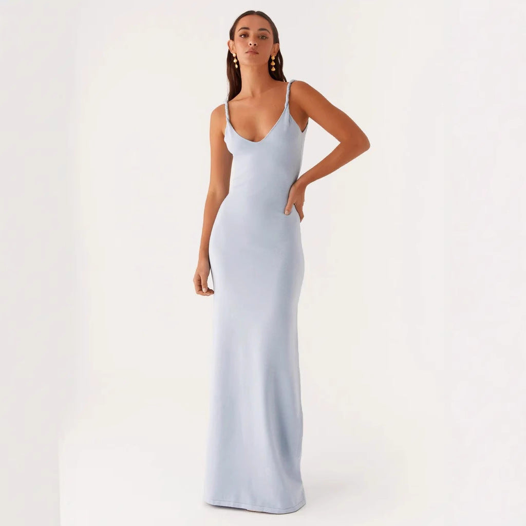 Women's V-neck Backless Bra Sling Midi Dress