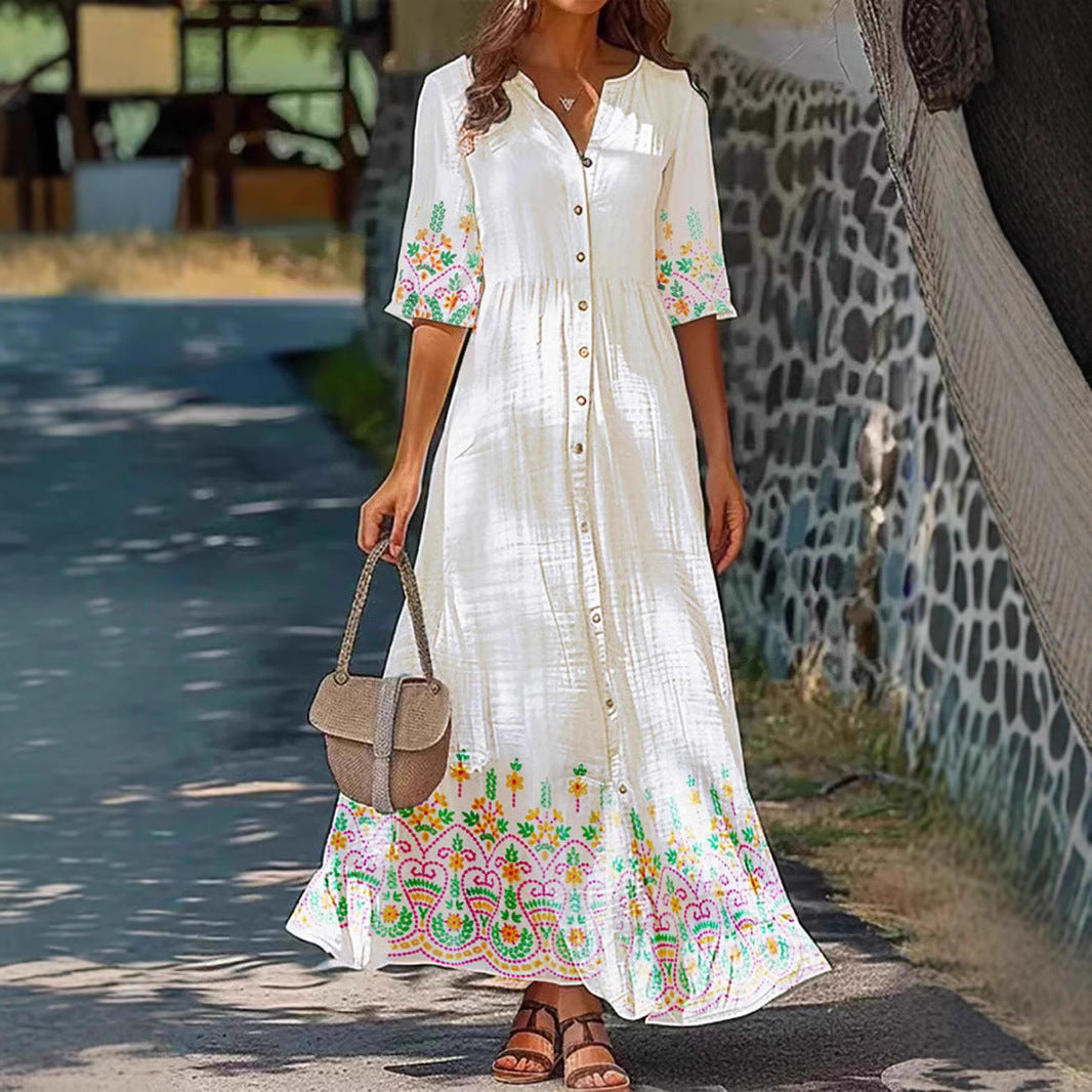 Women's Five Quarter Sleeve Retro Floral Dress