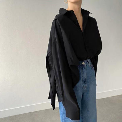 Women's Loose Back Pleated Lapel Long Sleeve Shirt