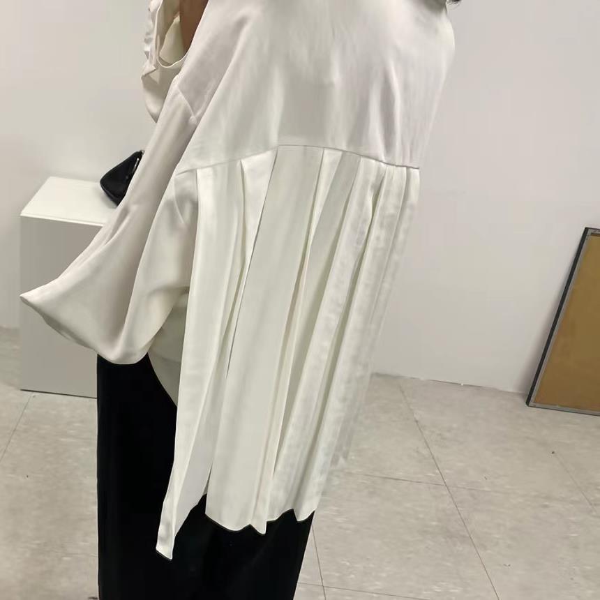 Women's Loose Back Pleated Lapel Long Sleeve Shirt