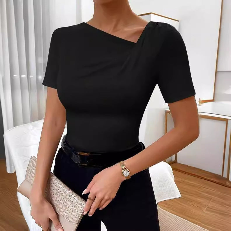 Short Sleeve Round Neck Pleated Women's Fashion Top