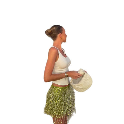 New Fashionable And Eye-catching Solid Color Tassel Sequin Skirt