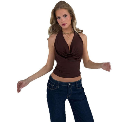 Women's Solid Color Swing Collar Halter Lace-up Slim Strap Top