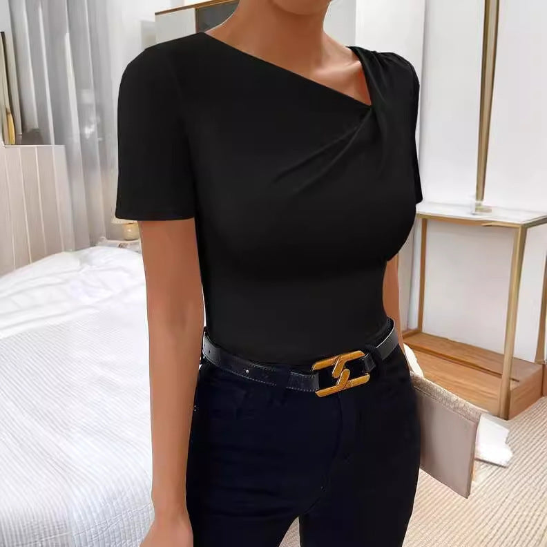 Short Sleeve Round Neck Pleated Women's Fashion Top