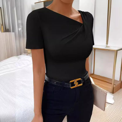 Short Sleeve Round Neck Pleated Women's Fashion Top