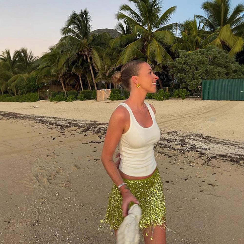 New Fashionable And Eye-catching Solid Color Tassel Sequin Skirt