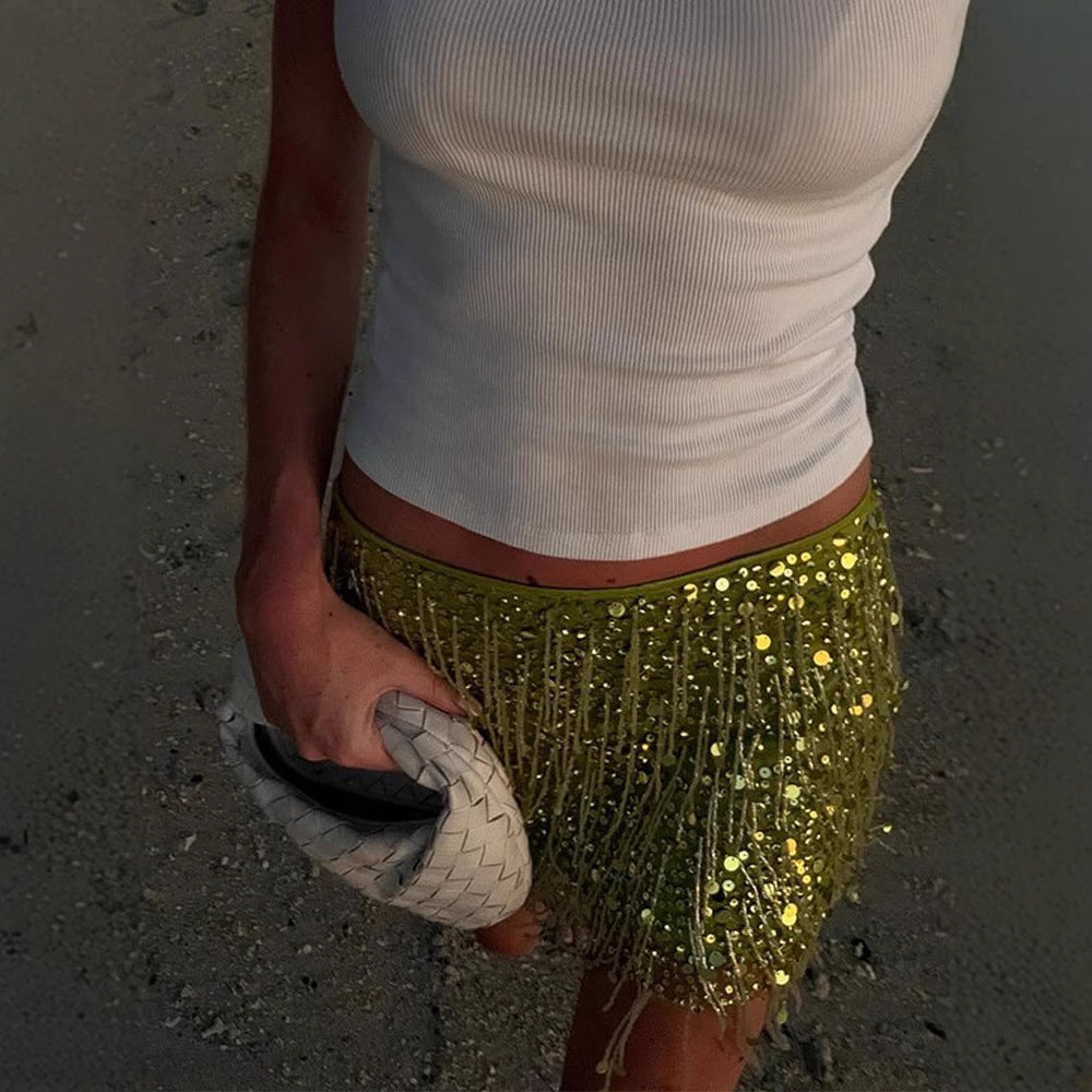New Fashionable And Eye-catching Solid Color Tassel Sequin Skirt