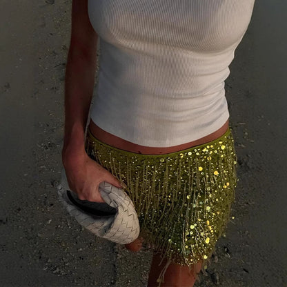 New Fashionable And Eye-catching Solid Color Tassel Sequin Skirt