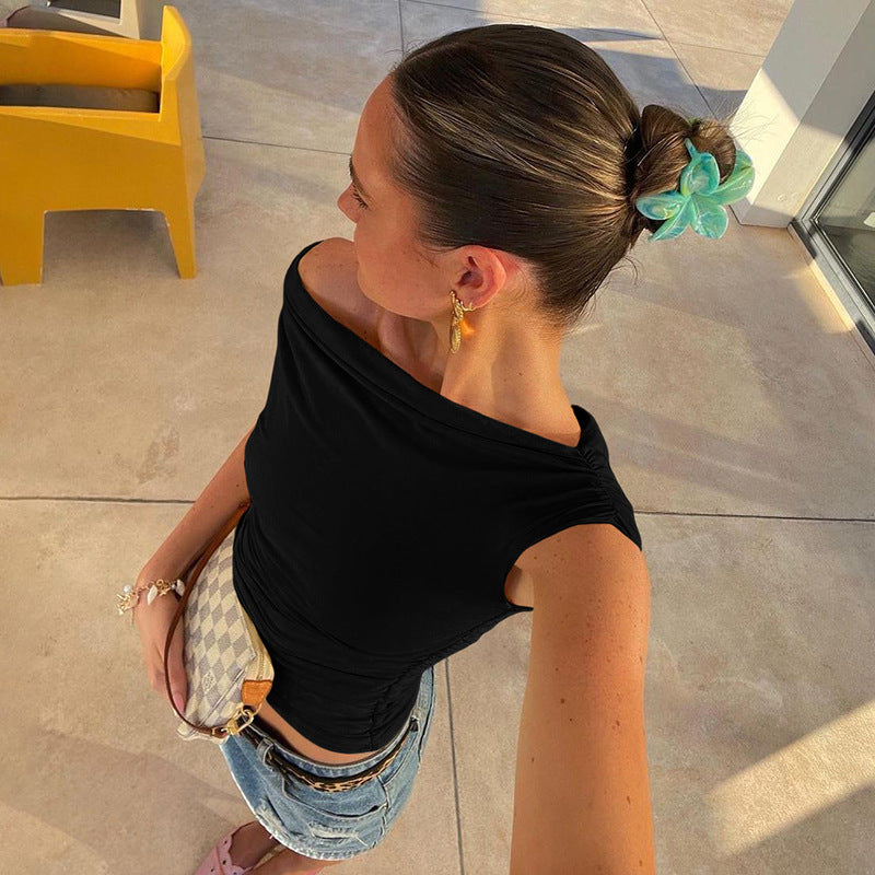 Personality Street Simple Graceful Solid Color Diagonal Collar Top For Women