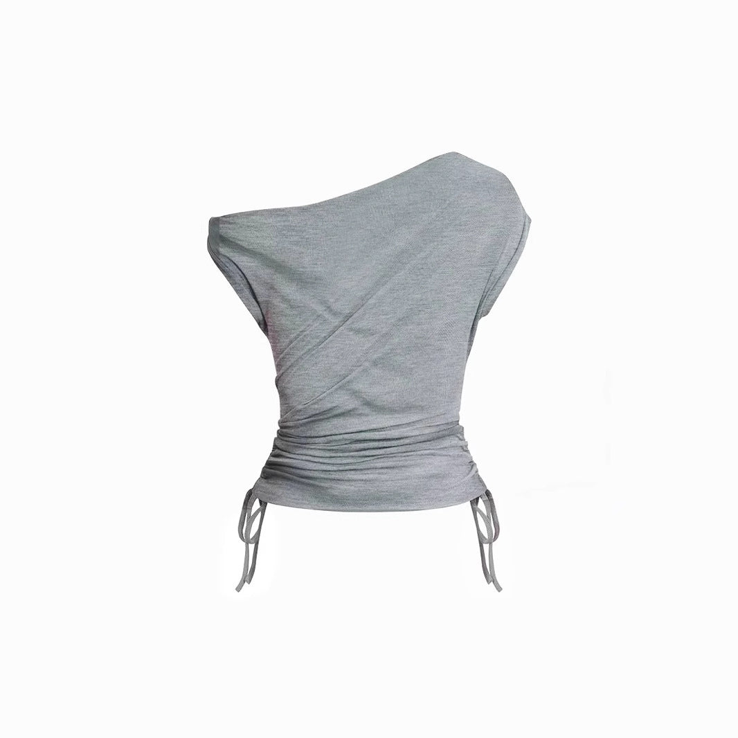 Women's Summer Solid Color Waist Pleat Off Shoulder Short Sleeved T-shirt