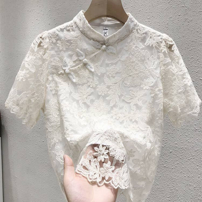 Buckle Chinese Ethnic Style Lace T-shirt Top Shirt