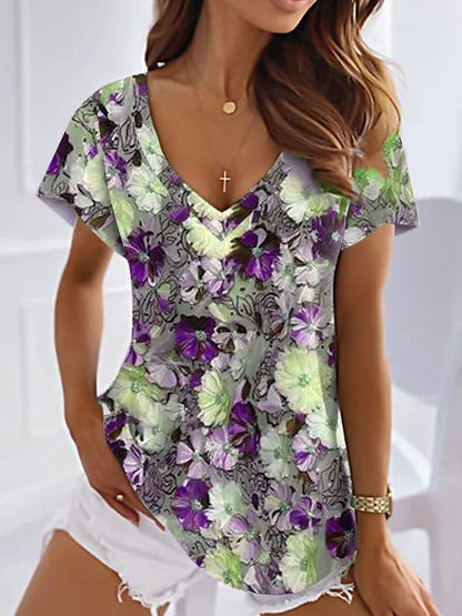 Women's T-shirt Floral Pink Blue Purple Printed Short Sleeve Holiday Weekend Tunic V-neck Regular Style