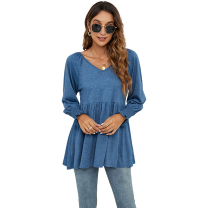 Women's New V-neck Puff Long-sleeved Tunic T-shirt