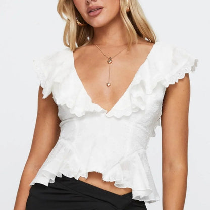 Women's White V-collar Irregular Lace Short Stitching Top
