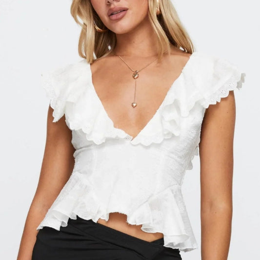Women's White V-collar Irregular Lace Short Stitching Top