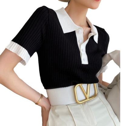 Rebecca – Contrast Kleur Polo Kraag IJs Zijde Gebreide Korte Mouw T-shirt