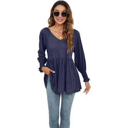 Women's New V-neck Puff Long-sleeved Tunic T-shirt