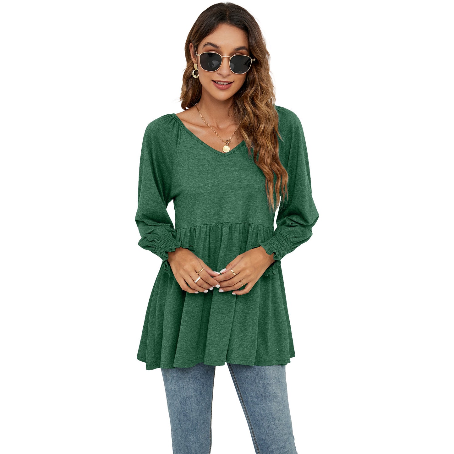 Women's New V-neck Puff Long-sleeved Tunic T-shirt